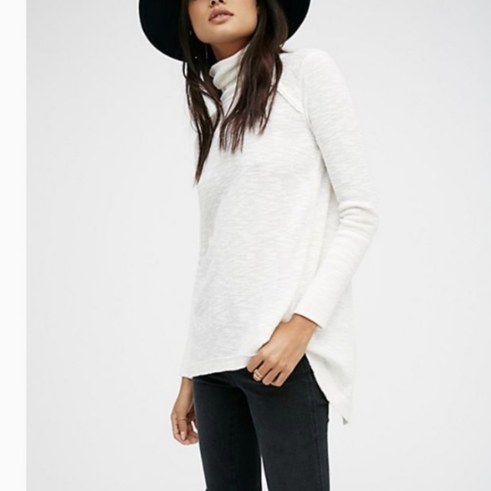 Free People split back turtleneck thermal Boho light grey tunic top